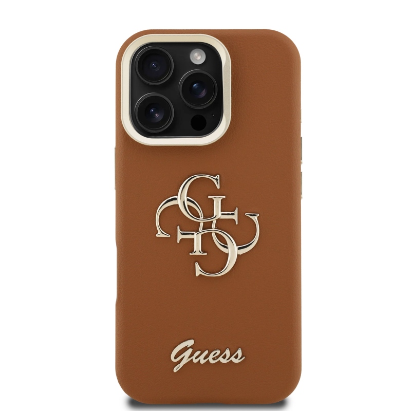 Guess PU Grained 4G Logo Stand Camera Frame Zadný Kryt pre iPhone 16 Pro Max Brown