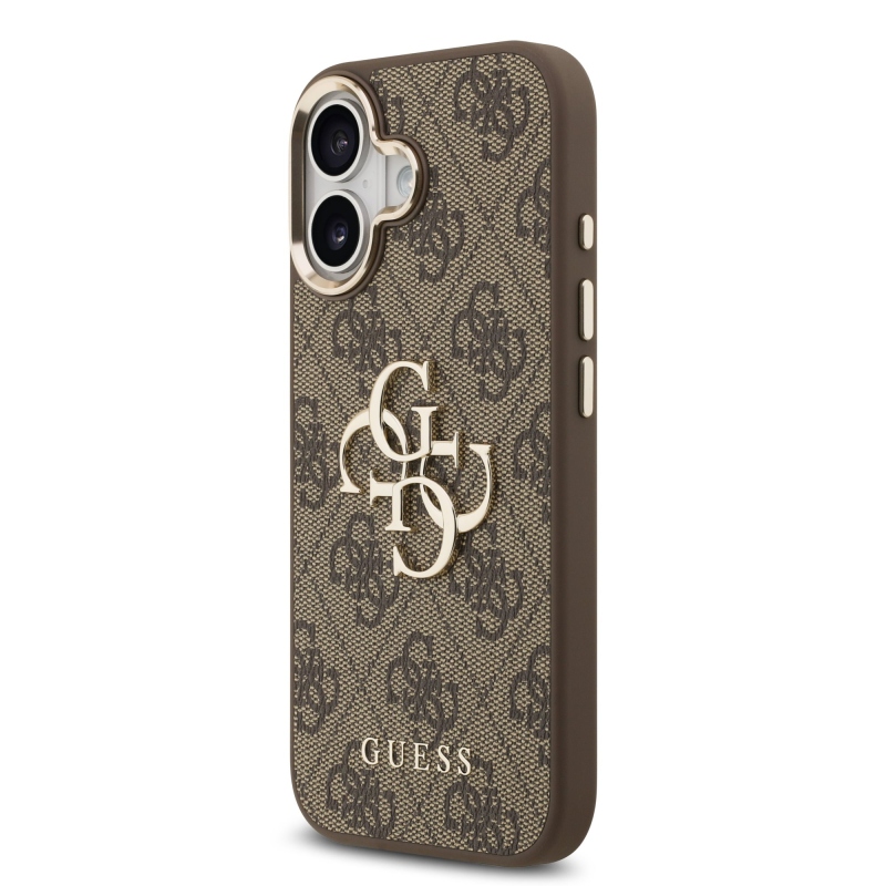 Guess PU kožený 4G kovové logo Gold Frame zadný kryt pre iPhone 17 Brown