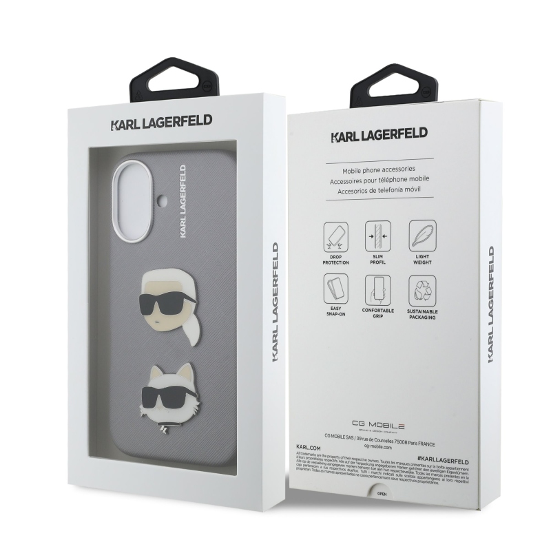 Karl Lagerfeld Grained PU K&CH Heads Zadný Kryt pre iPhone 16 Grey