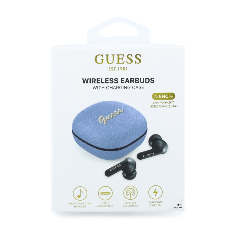 Guess PU Grained Script Metal Logo ENC TWS bezdrôtové slúchadlá, svetlo modré