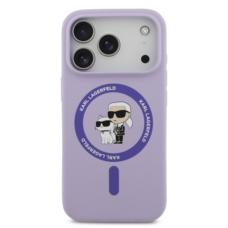Karl Lagerfeld Tekutý silikónový kryt Karl and Choupette MagSafe pre iPhone 17 Pro Purple