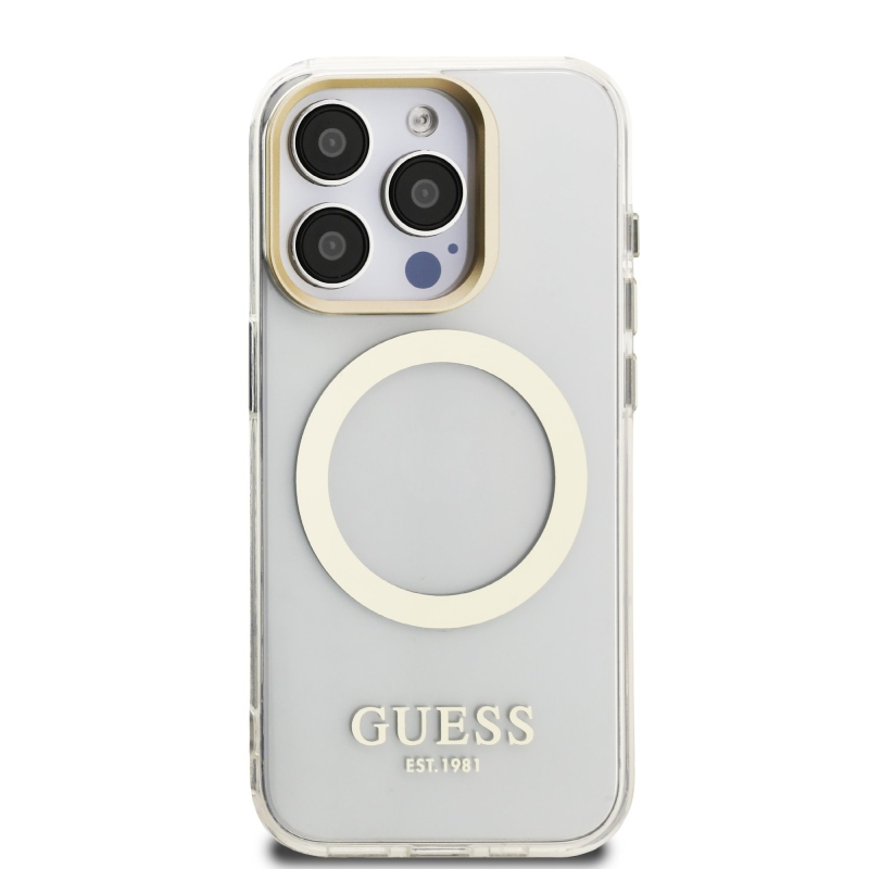 Guess IML Gold Outline Stand Camera Frame MagSafe Zadný Kryt pre iPhone 15 Pro Transparent