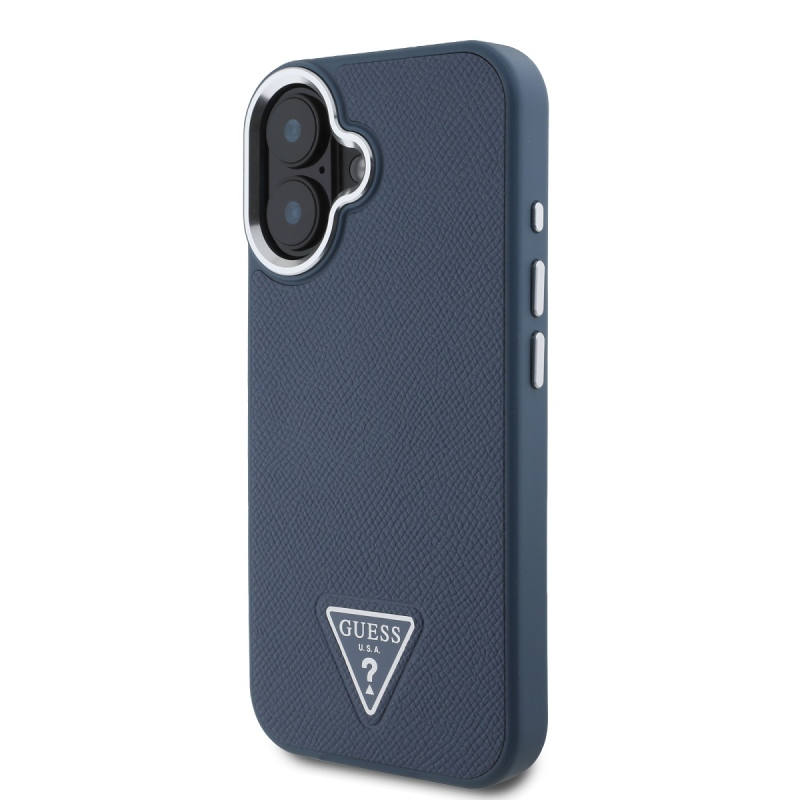 Guess PU Grained Triangle Logo Zadný Kryt pre iPhone 16 Blue