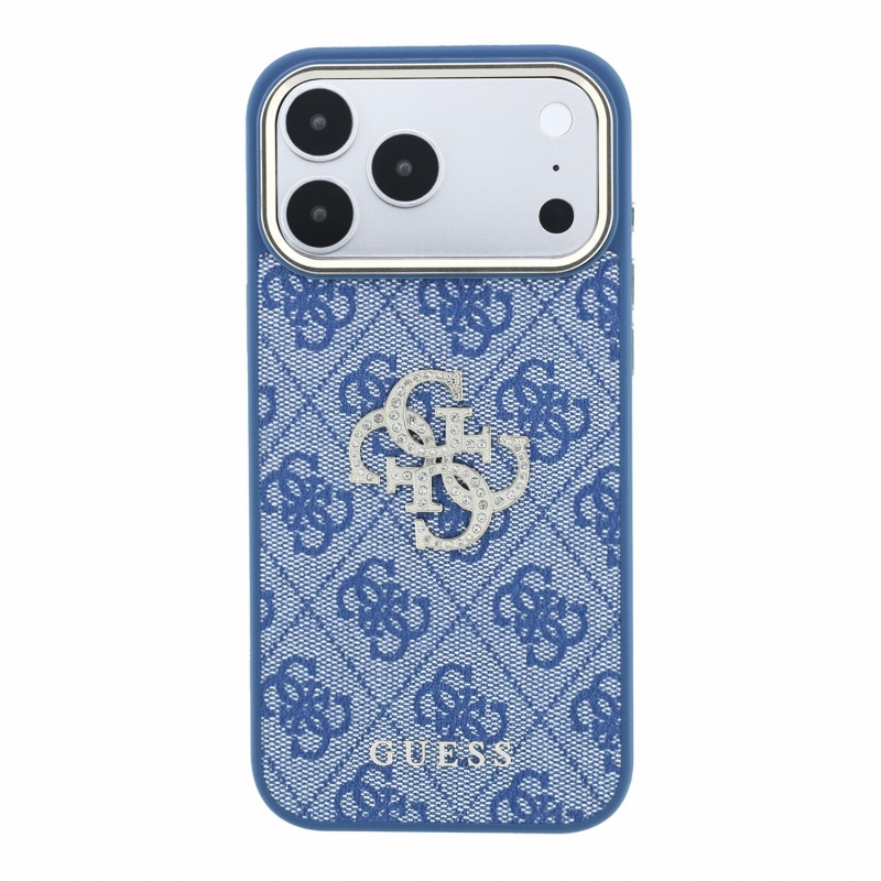 Guess PU 4G Strass Metal Logo Zadný kryt pre iPhone 18 Pro, modrý
