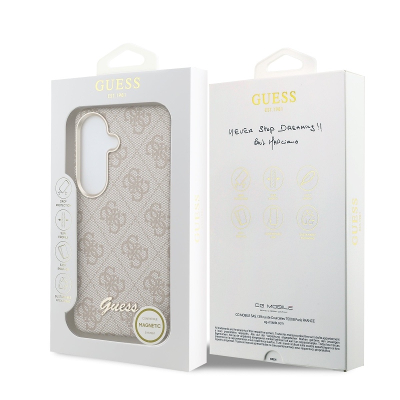 Guess PU 4G Script Metal Logo Magnetický zadný kryt pre Samsung Galaxy S26 ružový
