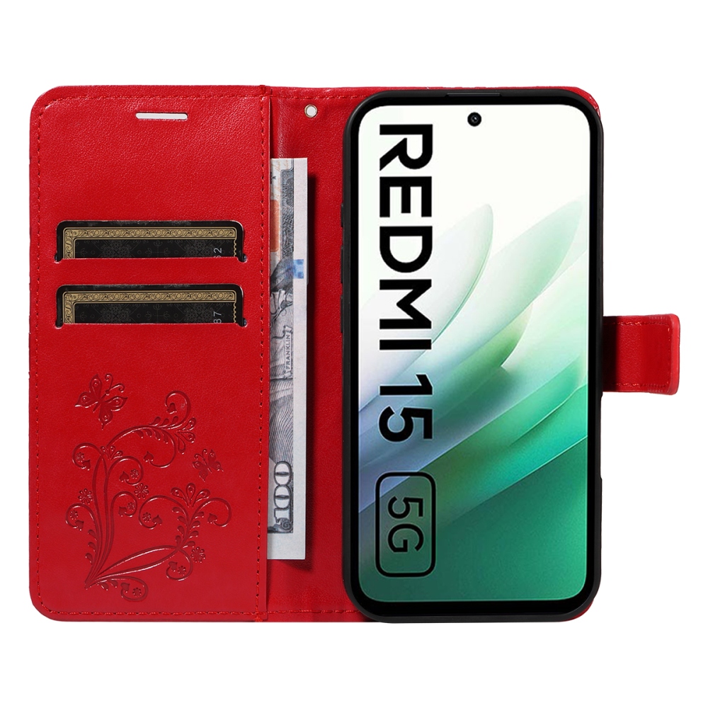 Big Butterfly knižkové púzdro na Xiaomi Redmi 15 4G (171mm) - červené