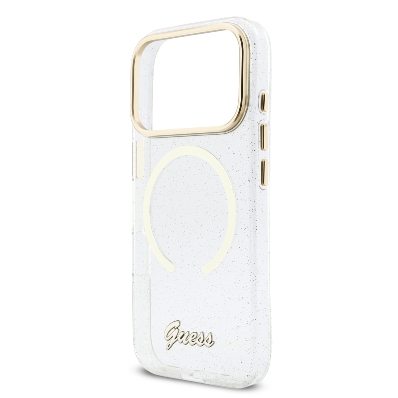 Guess IML Glitter Script Strap MagSafe zadný kryt pre iPhone 17 Pro Transparent
