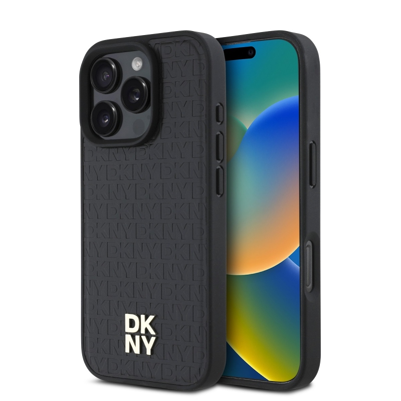 DKNY PU Leather Repeat Pattern Stack Logo MagSafe Zadný Kryt pre iPhone 16 Pro Black