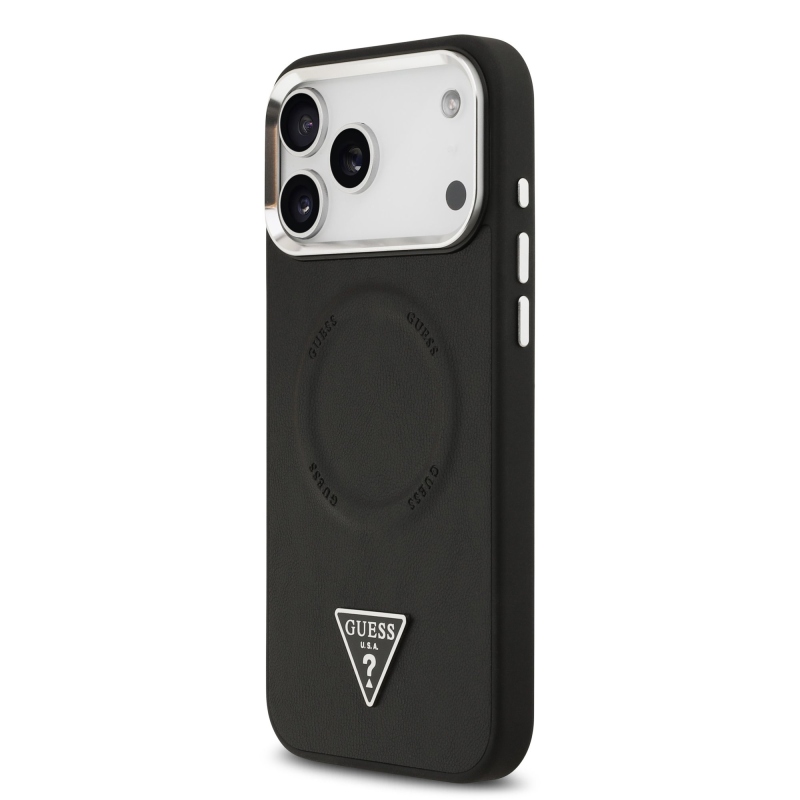 Guess PU kožený zadný kryt MagSafe s trojuholníkovým logom pre iPhone 17 Pro Black