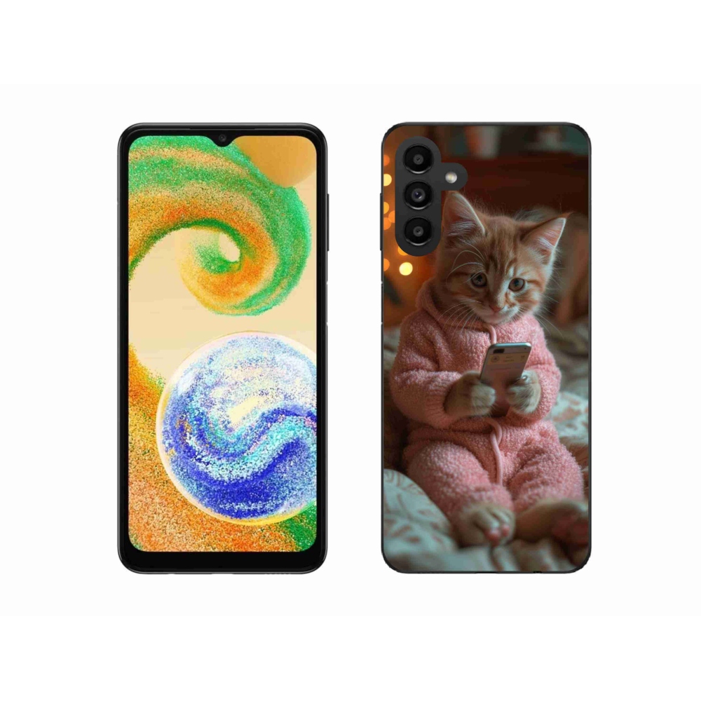 Gélový kryt mmCase na Samsung Galaxy A04s (164.7x76.7x9.1mm) - mačiatko s mobilom