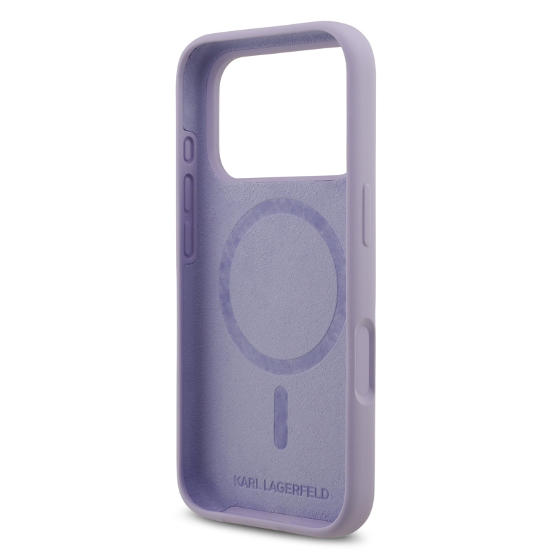 Karl Lagerfeld Tekutý silikónový kryt Karl and Choupette MagSafe pre iPhone 17 Pro Purple