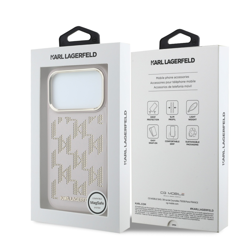 Karl Lagerfeld PU perforovaný Monogram MagSafe zadný kryt pre iPhone 17 Pro Max ružový