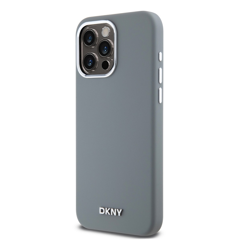 DKNY Liquid Silicone Silver Metal Logo Magsafe Zadný Kryt pre iPhone 15 Pro Max Grey