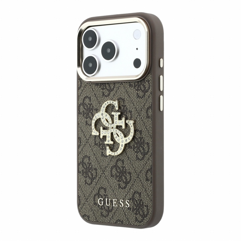 Guess PU 4G Strass Metal Logo zadný kryt pre iPhone 18 Pro, hnedý