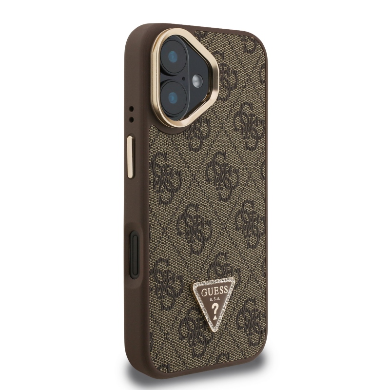 Guess PU 4G Strass Triangle Logo Stand Camera Frame MagSafe Zadný Kryt pre iPhone 16 Brown