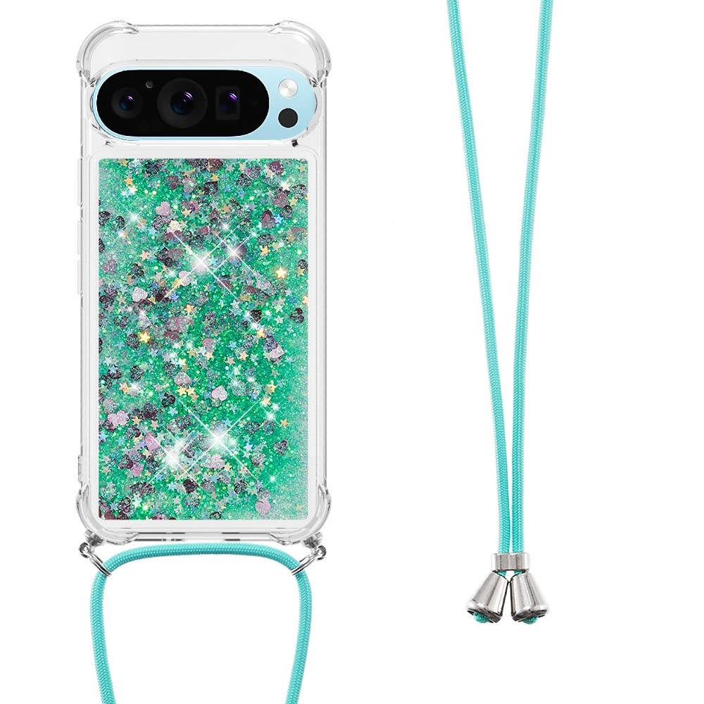 Glitters presýpací gélový obal so šnúrkou na Google Pixel 10 Pro/Pixel 10 - zelený/srdiečka