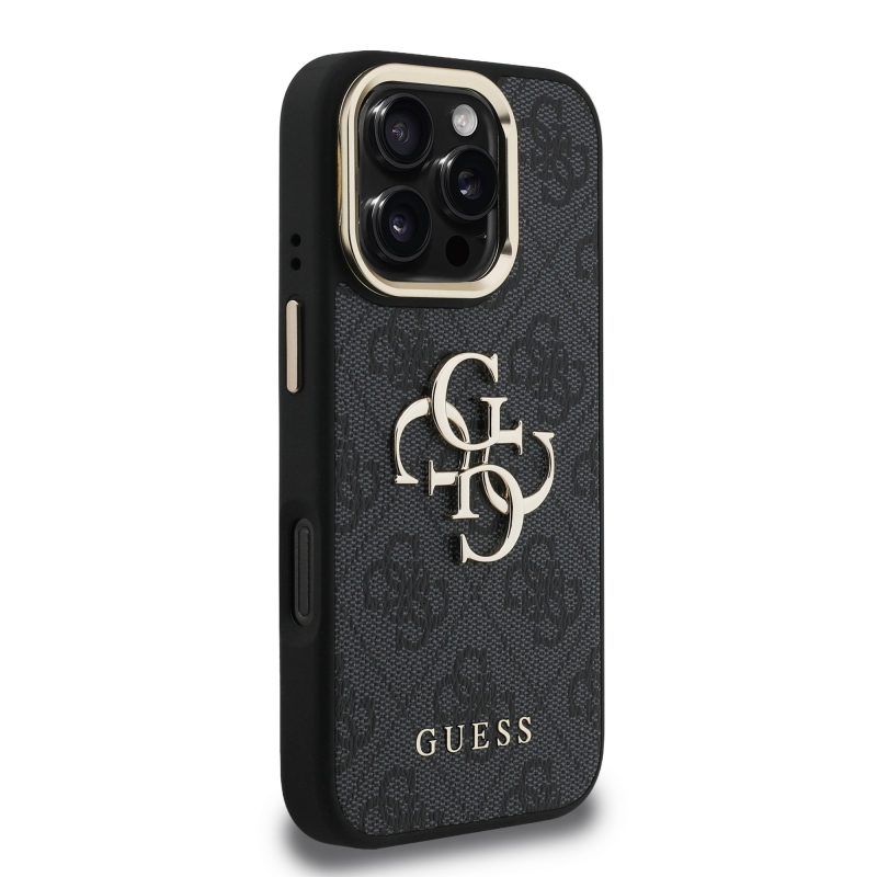 Guess PU 4G Metal Logo Stand Camera Frame Zadný Kryt pre iPhone 16 Pro Black