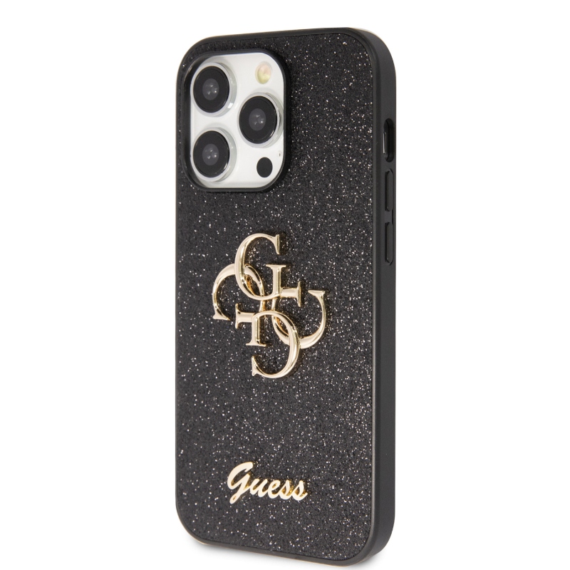 Guess PU Fixed Glitter 4G Metal Logo Zadný Kryt pre iPhone 15 Pro Max Black