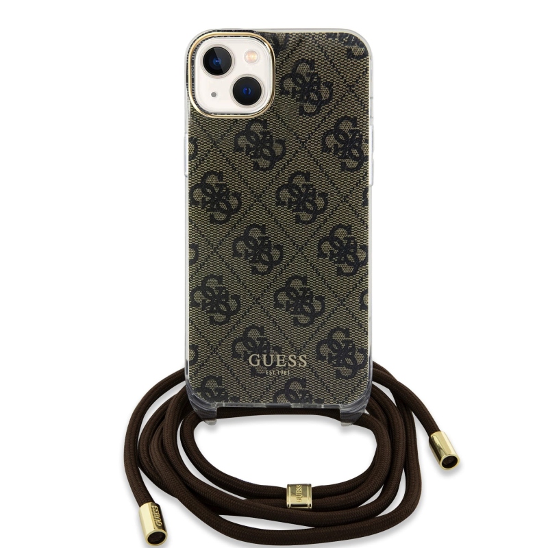 Guess IML 4G Printed Crossbody Popruh Zadný Kryt pre iPhone 15 Brown