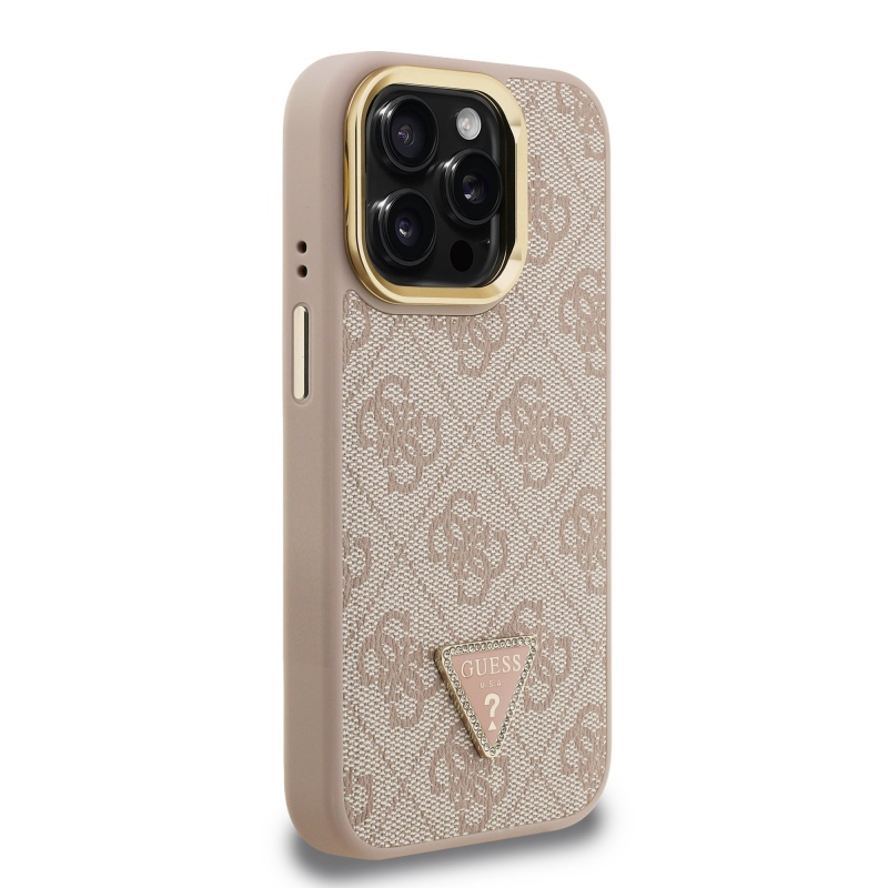 Guess PU 4G Strass Triangle Logo Stand Camera Frame MagSafe Zadný Kryt pre iPhone 15 Pro Max Pink