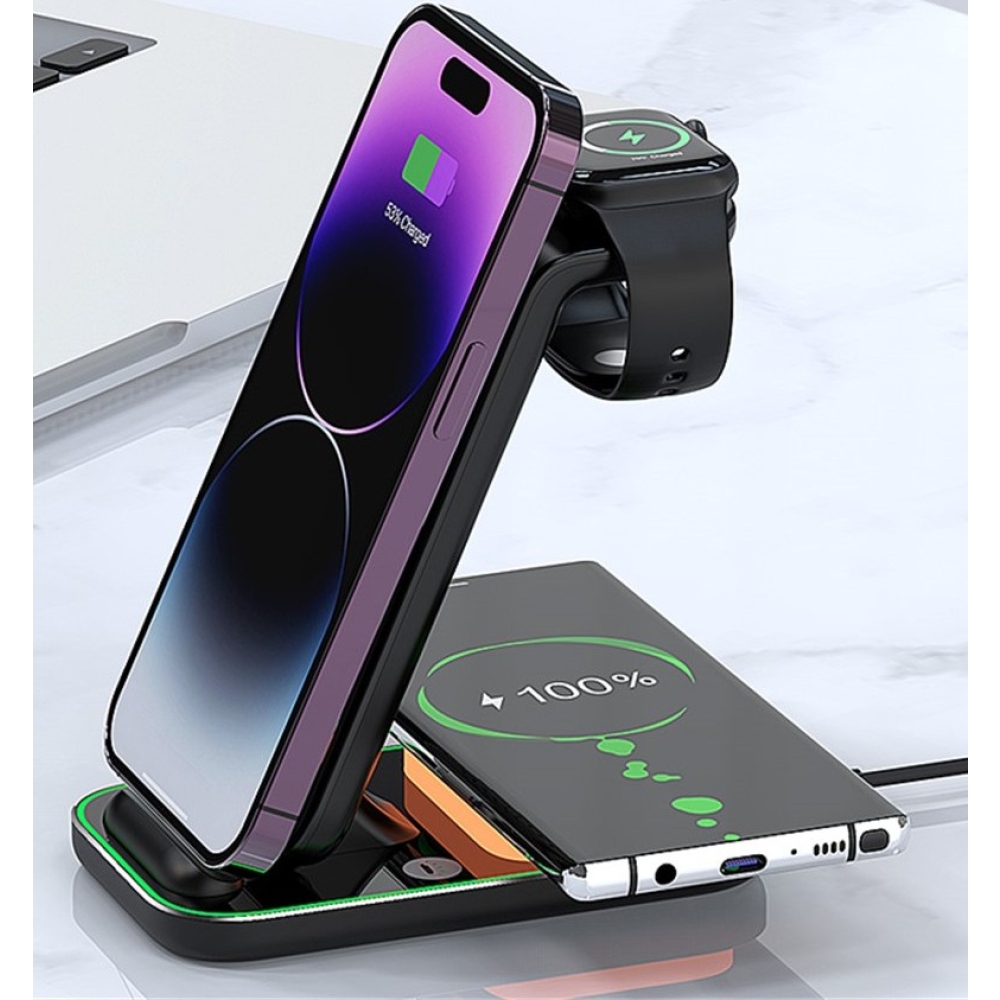 YF-A6 bezdrôtová nabíjacia stanica 3v1 15W s nočným svetlom - čierna