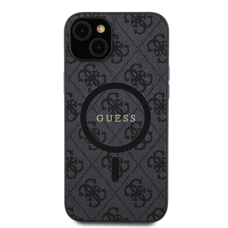 Guess PU kožený zadný kryt 4G Colored Ring MagSafe pre iPhone 15 Plus Black