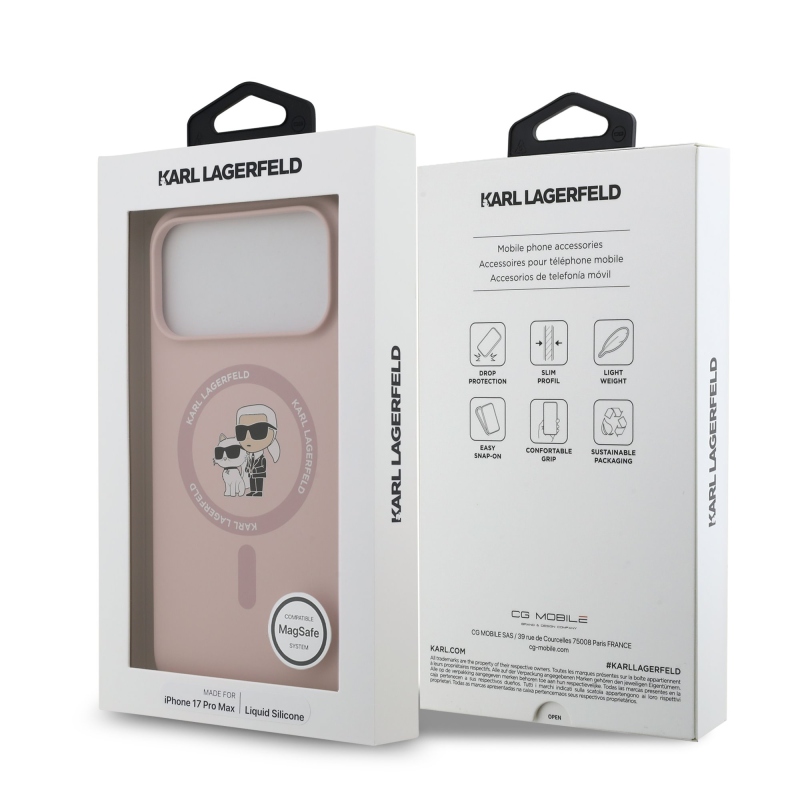 Karl Lagerfeld Tekutý silikónový kryt Karl and Choupette MagSafe pre iPhone 17 Pro Max Pink