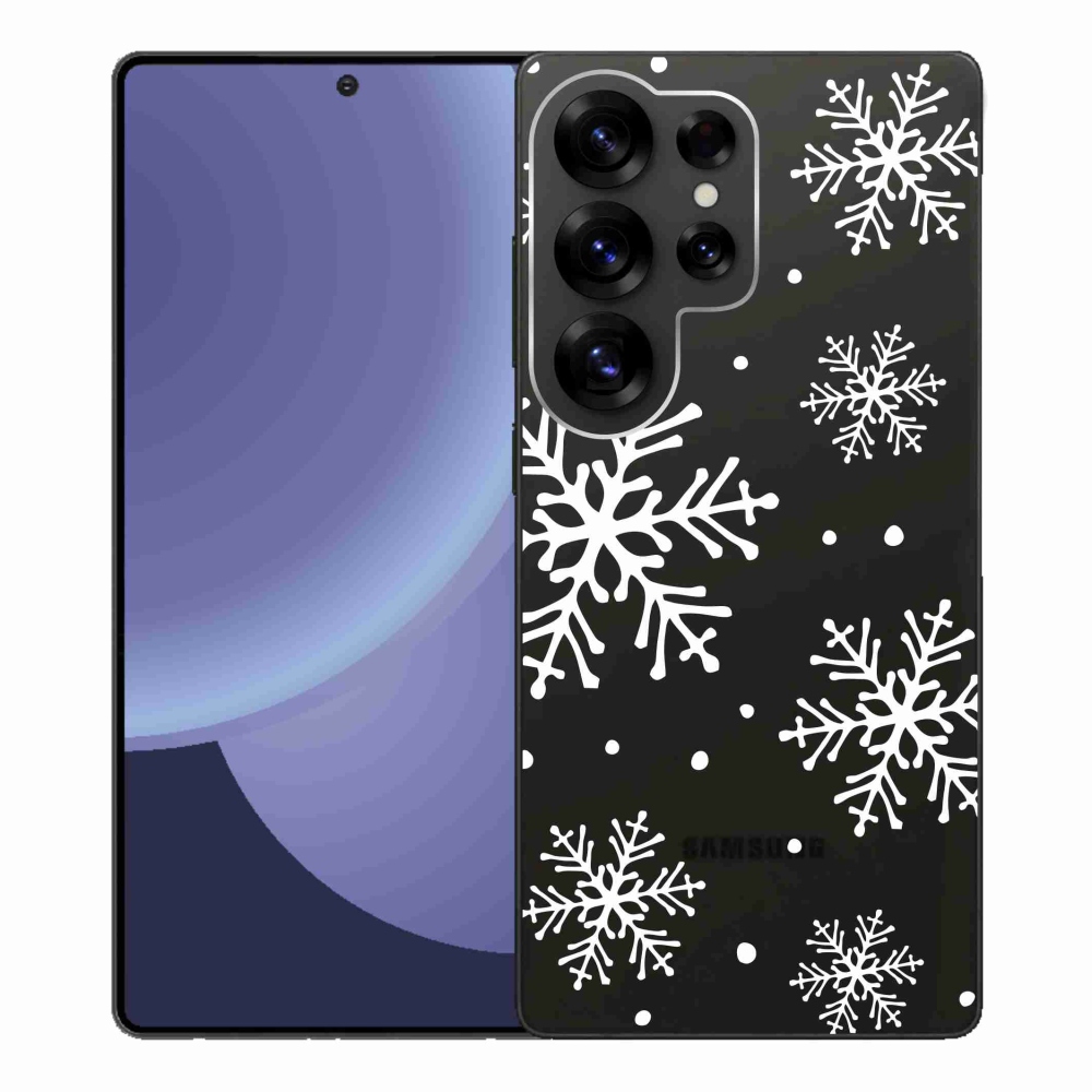 Gélový kryt mmCase na Samsung Galaxy S25 Ultra - biele vločky na priehľadnom pozadí