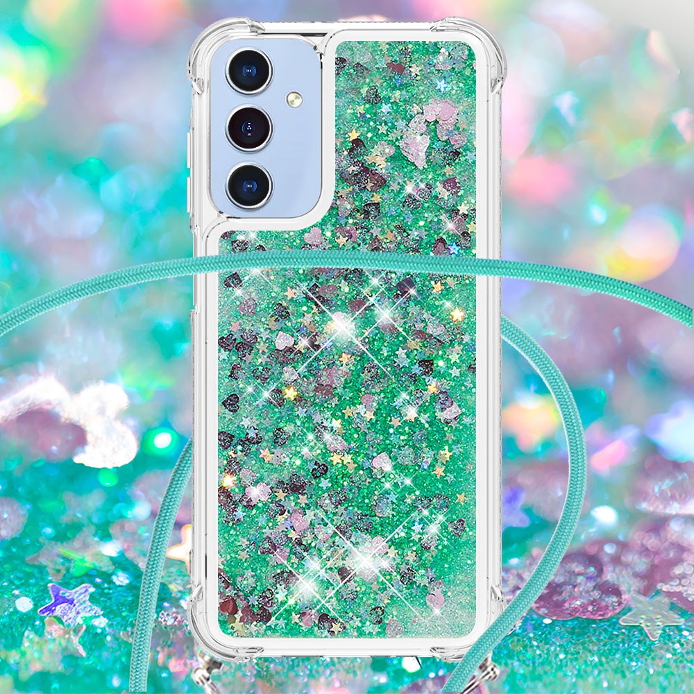 Glitters presýpacie gélový obal so šnúrkou na Samsung Galaxy A17 5G - zelený/srdiečka
