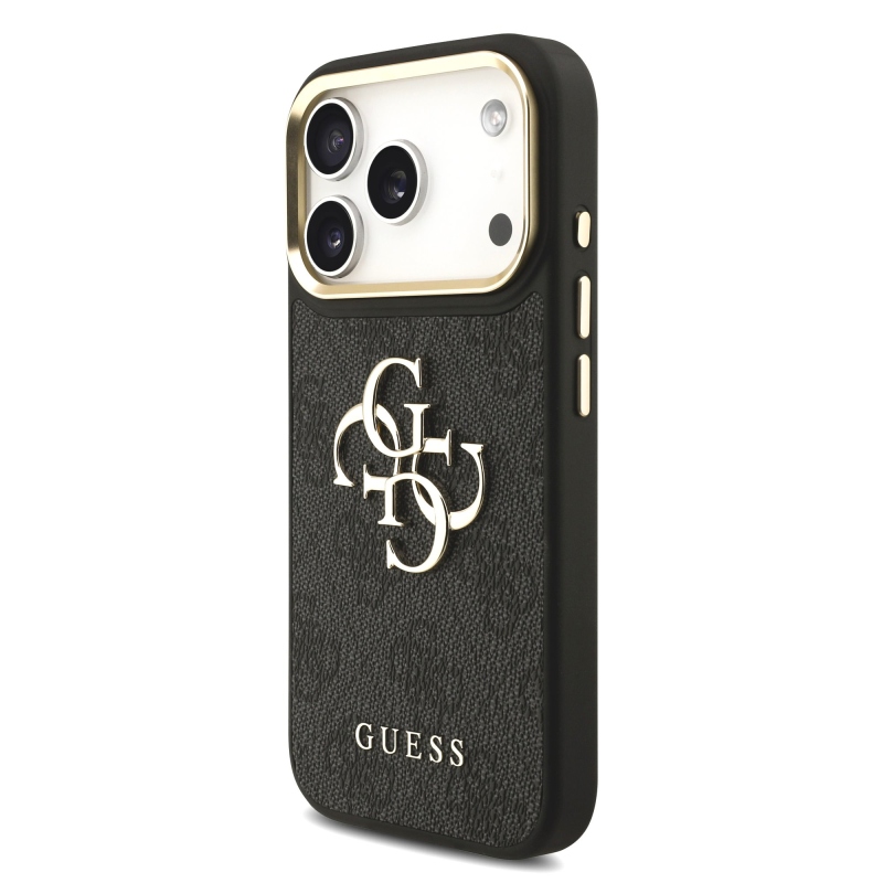 Guess PU kožený 4G kovové logo Gold Frame zadný kryt pre iPhone 17 Pro Black