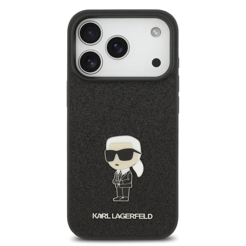 Karl Lagerfeld Pevný kovový zadný kryt Ikonik s trblietkami pre iPhone 17 Pro Black