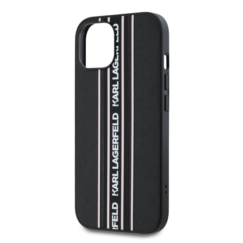 Karl Lagerfeld PU Saffiano Athleisure Stripe and Strap Zadný Kryt pre iPhone 15 Pink