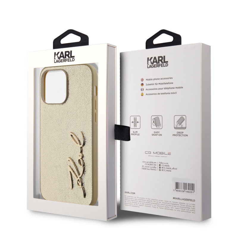 Karl Lagerfeld Wrinkled PU Signature Logo Zadný Kryt pre iPhone 14 Pro Gold