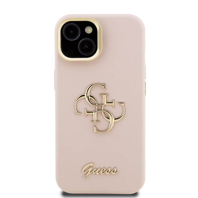 Guess PU Grained 4G Logo Stand Camera Frame Zadný Kryt pre iPhone 14 Pink