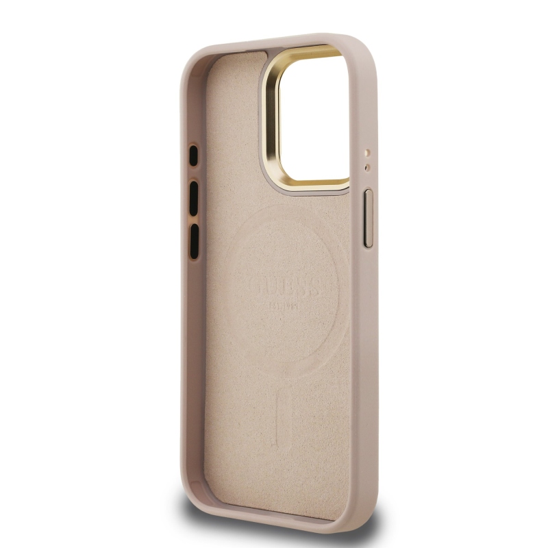 Guess PU 4G Strass Triangle Logo Stand Camera Frame MagSafe Zadný Kryt pre iPhone 15 Pro Max Pink