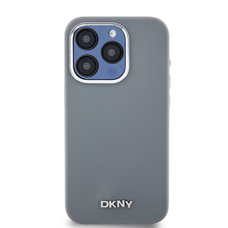 DKNY Liquid Silicone Silver Metal Logo Magsafe Zadný Kryt pre iPhone 15 Pro Grey