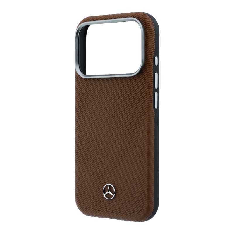 Mercedes PU kožený poloobalový zadný kryt MagSafe pre iPhone 17 Pro Camel