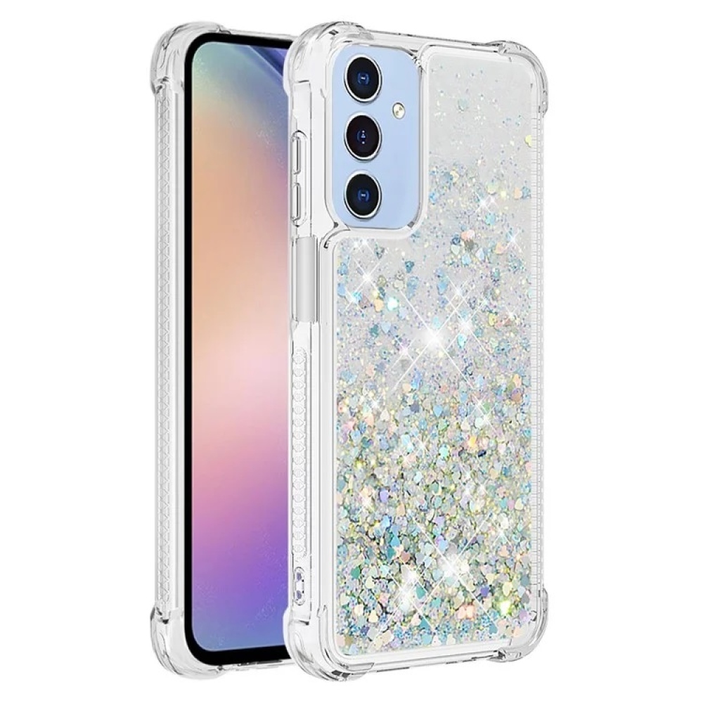 Glitter gélový presýpací obal na Samsung Galaxy A15 4G/5G - strieborný/srdiečka