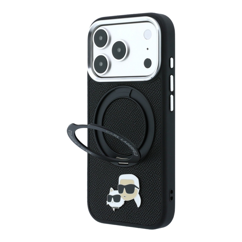 Karl Lagerfeld PU Grained K&CH Heads Ring Stand Magsafe zadný kryt pre iPhone 18 Pro, čierny