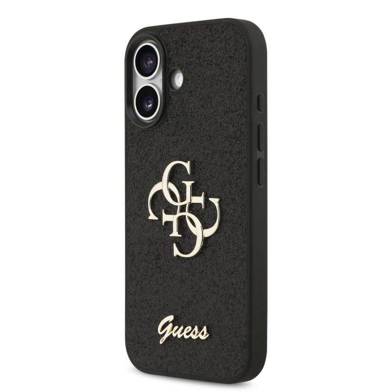Guess PU pevný zadný kryt s kovovým logom 4G s trblietkami pre iPhone 17 Black