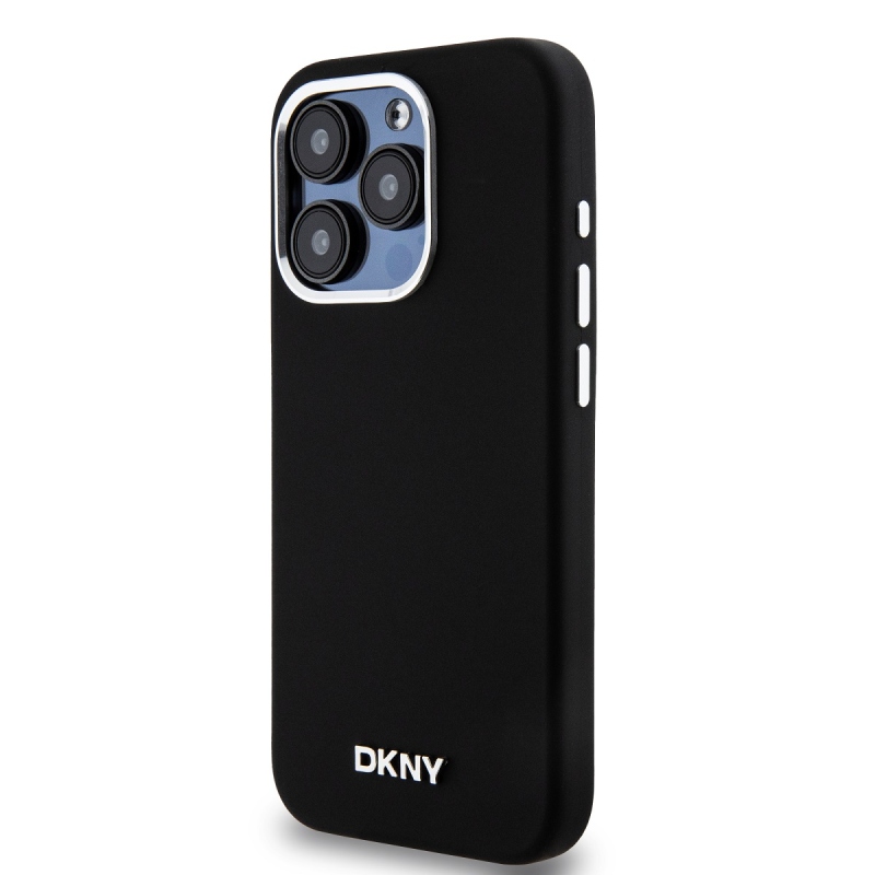 DKNY Liquid Silicone Silver Metal Logo Magsafe Zadný Kryt pre iPhone 15 Pro Black