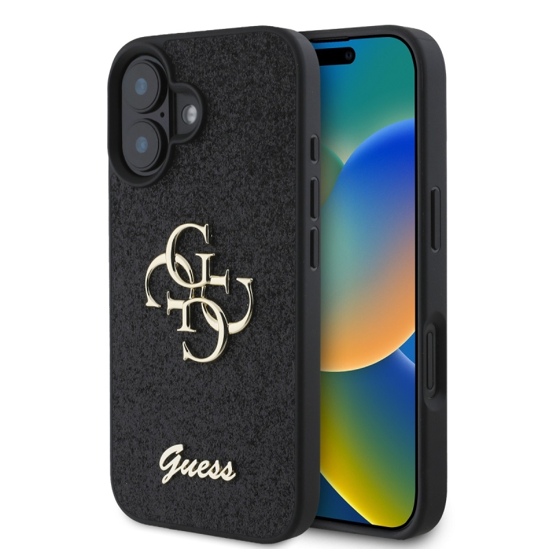 Guess PU Fixed Glitter 4G Metal Logo Zadný Kryt pre iPhone 16 Black