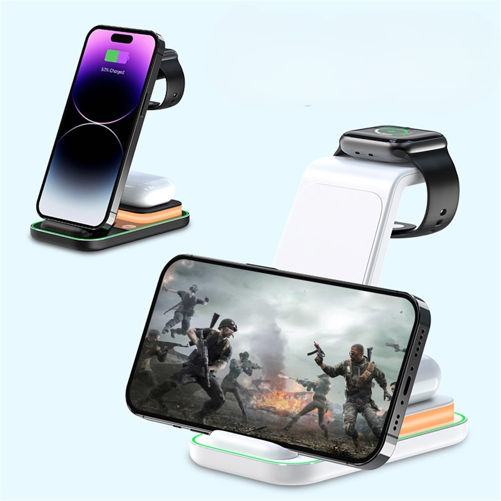 YF-A6 bezdrôtová nabíjacia stanica 3v1 15W s nočným svetlom - biela