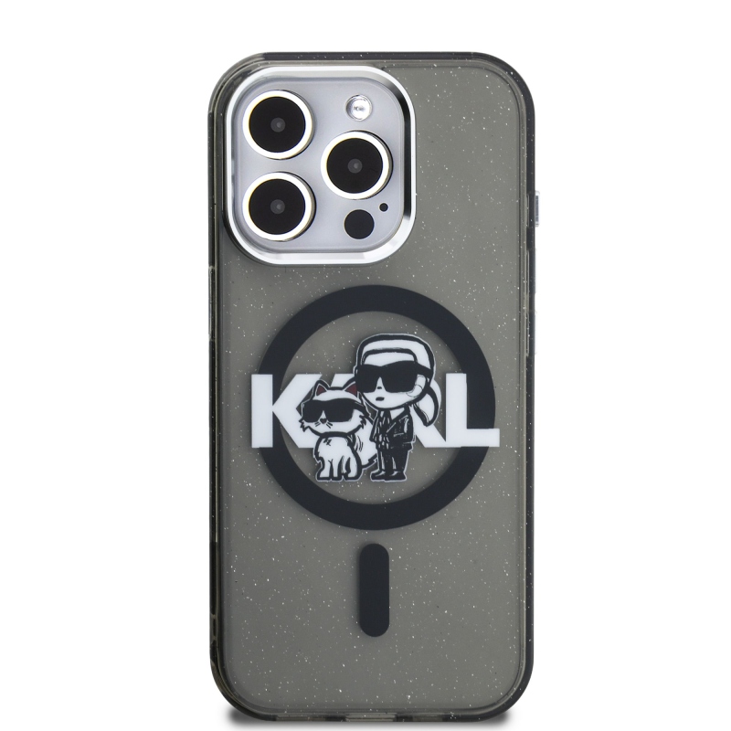 Karl Lagerfeld IML Glitter Karl and Choupette Sketch MagSafe Zadný Kryt pre iPhone 15 Pro Black