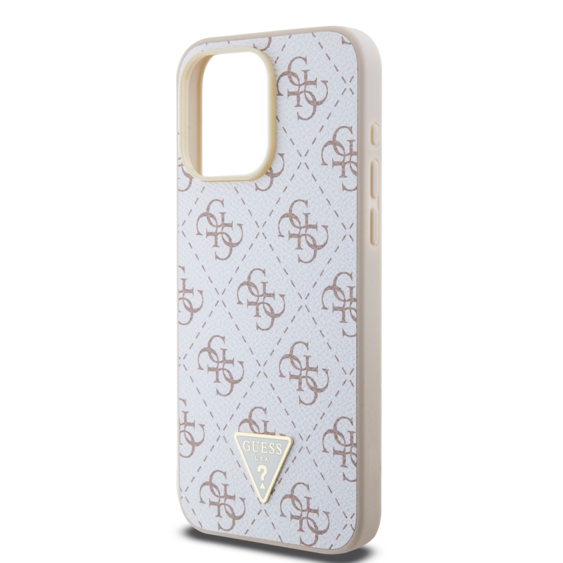 Guess PU Leather 4G Triangle Metal Logo Zadný Kryt pre iPhone 15 Pro Max White