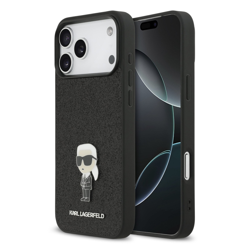 Karl Lagerfeld Fixed Glitter Metal Ikonik Zadný Kryt pre iPhone 17 Pro Max Black
