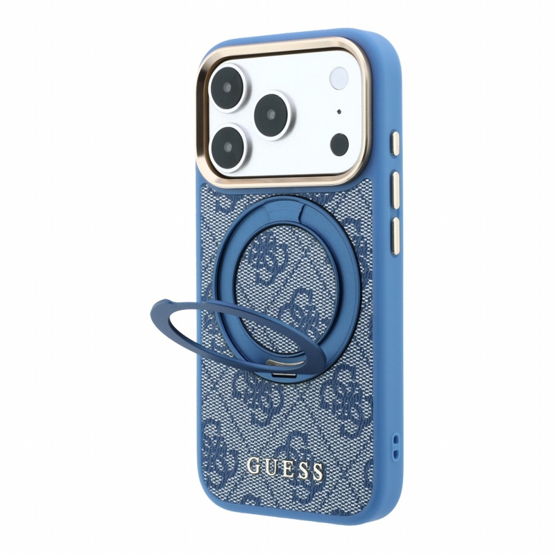 Guess PU 4G Ring Stand MagSafe zadný kryt pre iPhone 18 Pro Max, modrý