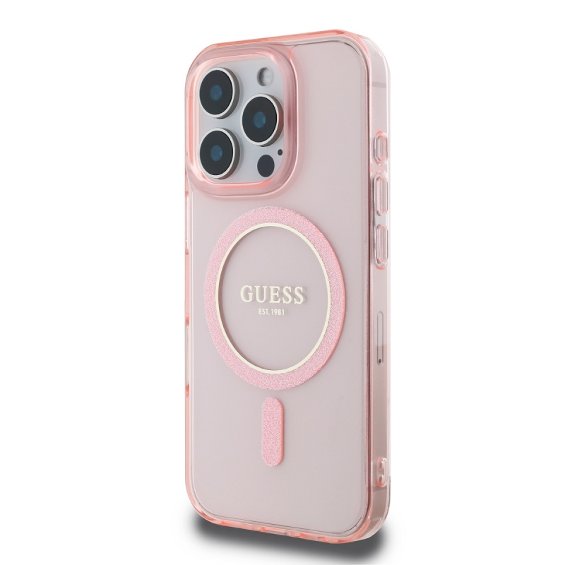 Guess IML Glitter Ring MagSafe Zadný Kryt pre iPhone 16 Pro Max Pink