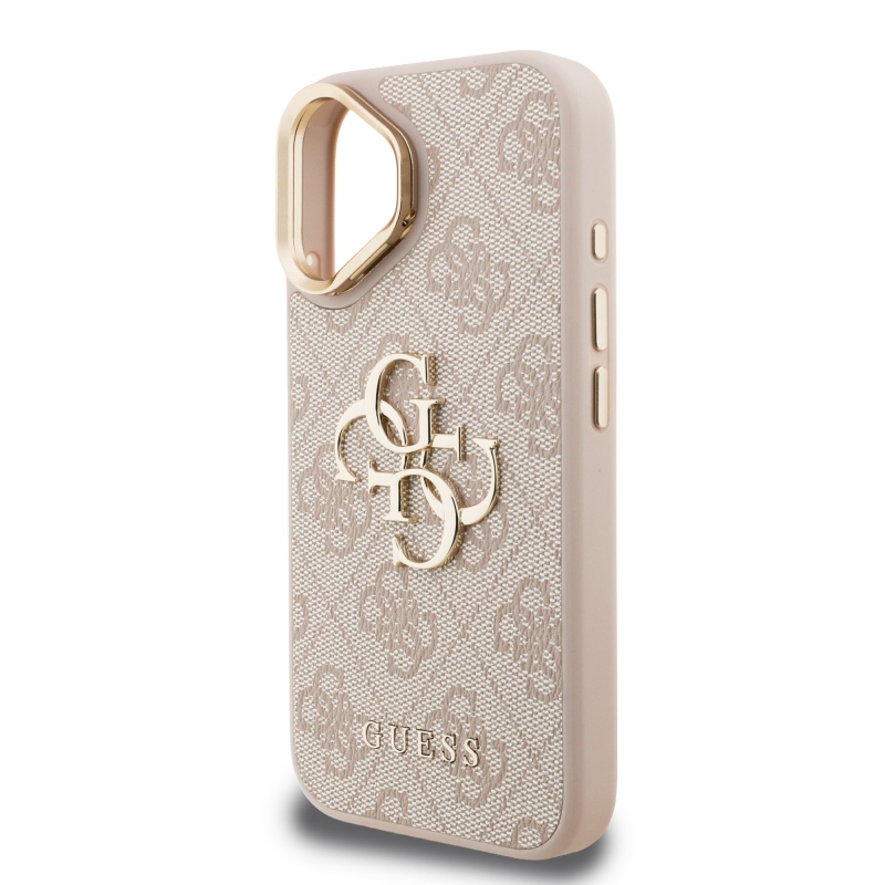 Guess PU 4G Metal Logo Stand Camera Frame Zadný Kryt pre iPhone 16 Pink