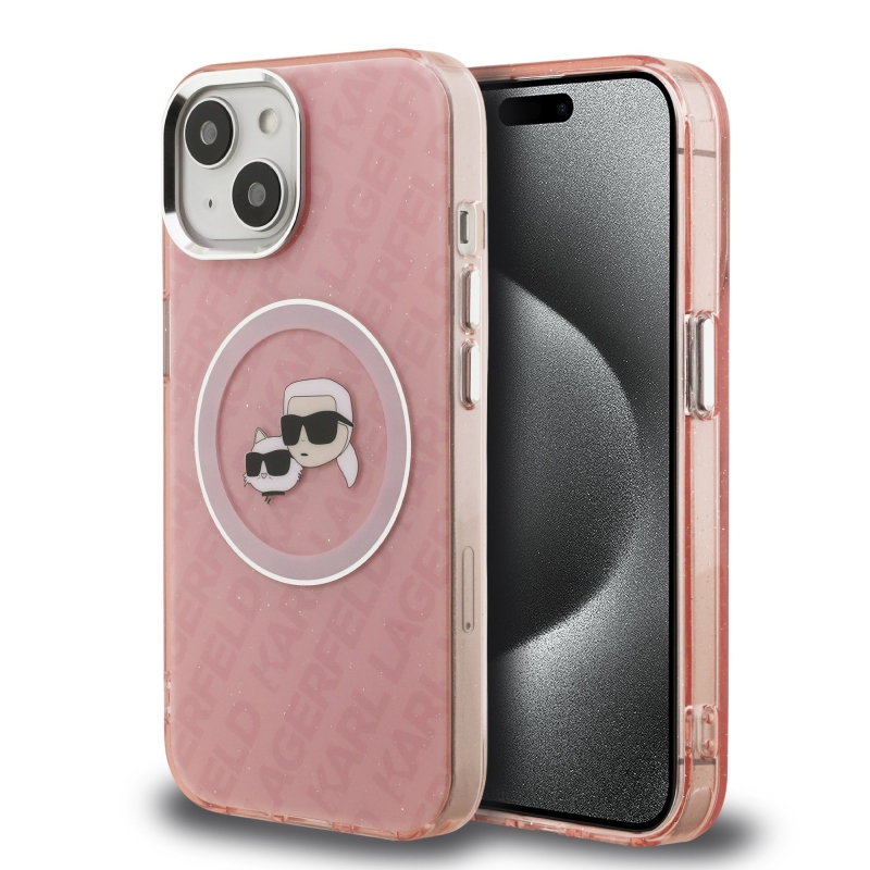 Karl Lagerfeld IML K&CH Heads Repeated Logo MagSafe Zadný Kryt pre iPhone 15 Pink